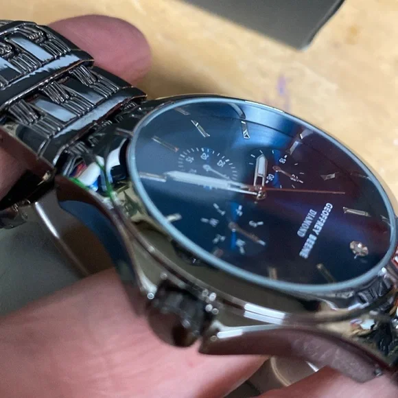 Geoffrey Beene Mens Diamond Blue Black Dress Watch 43mm SS Bracelet NWT - Picture 6 of 8